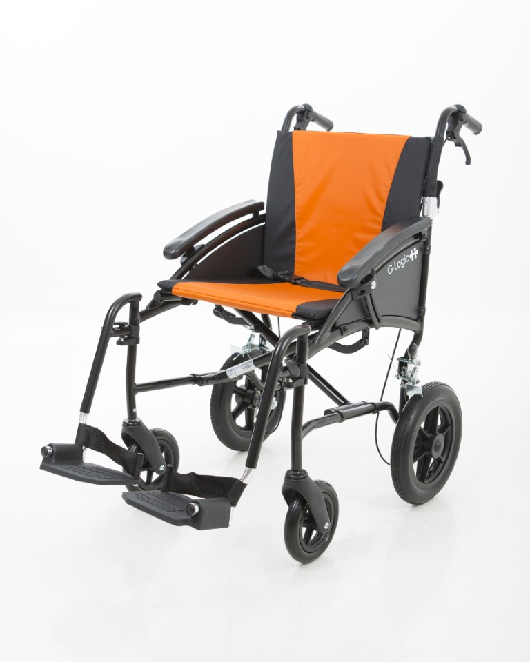 Excel G-Logic Lightweight Transit Wheelchair With Black Frame and Orange Upholstery 16'' Slim Seat